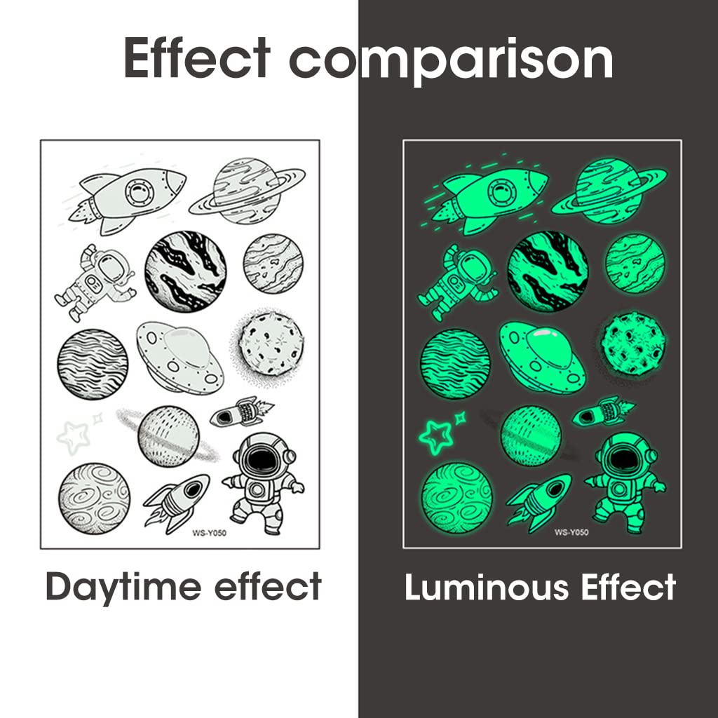 MAYCREATE Kids Tattoo Stickers for Birthday Parties featuring 10 Sheets 110x75mm Night Glow Designs