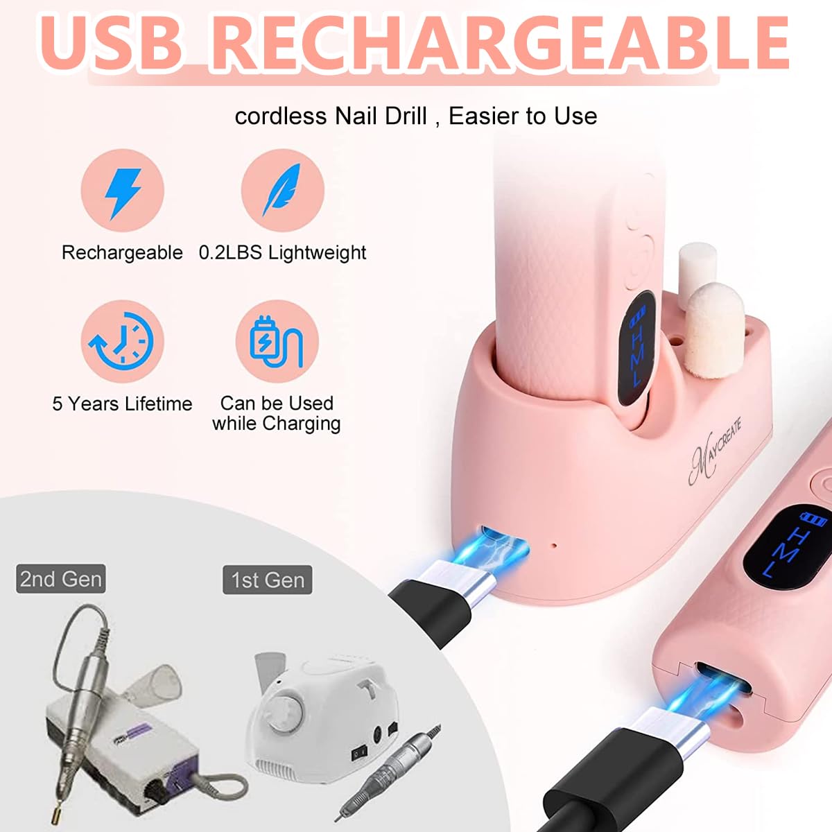 MAYCREATE Cordless Nail Drill Machine for Manicure and Pedicure with LCD Display 20000rpm | USB Rechargeable Kit