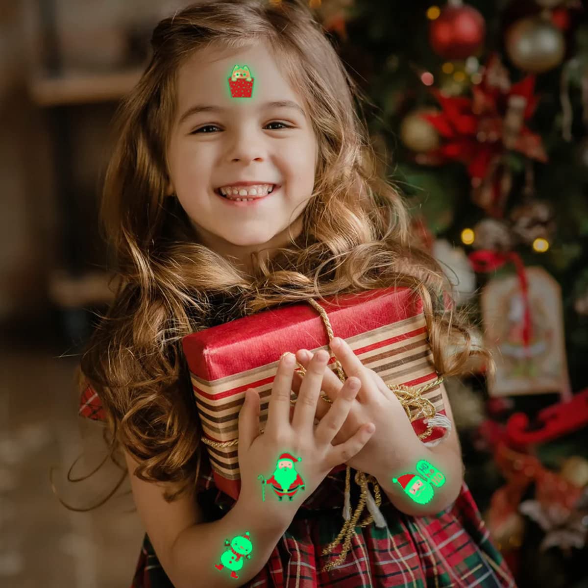 MAYCREATE Temporary Tattoo Stickers for Kids with Waterproof Glow Effect 10 Sheets | Christmas Party and DIY Crafts
