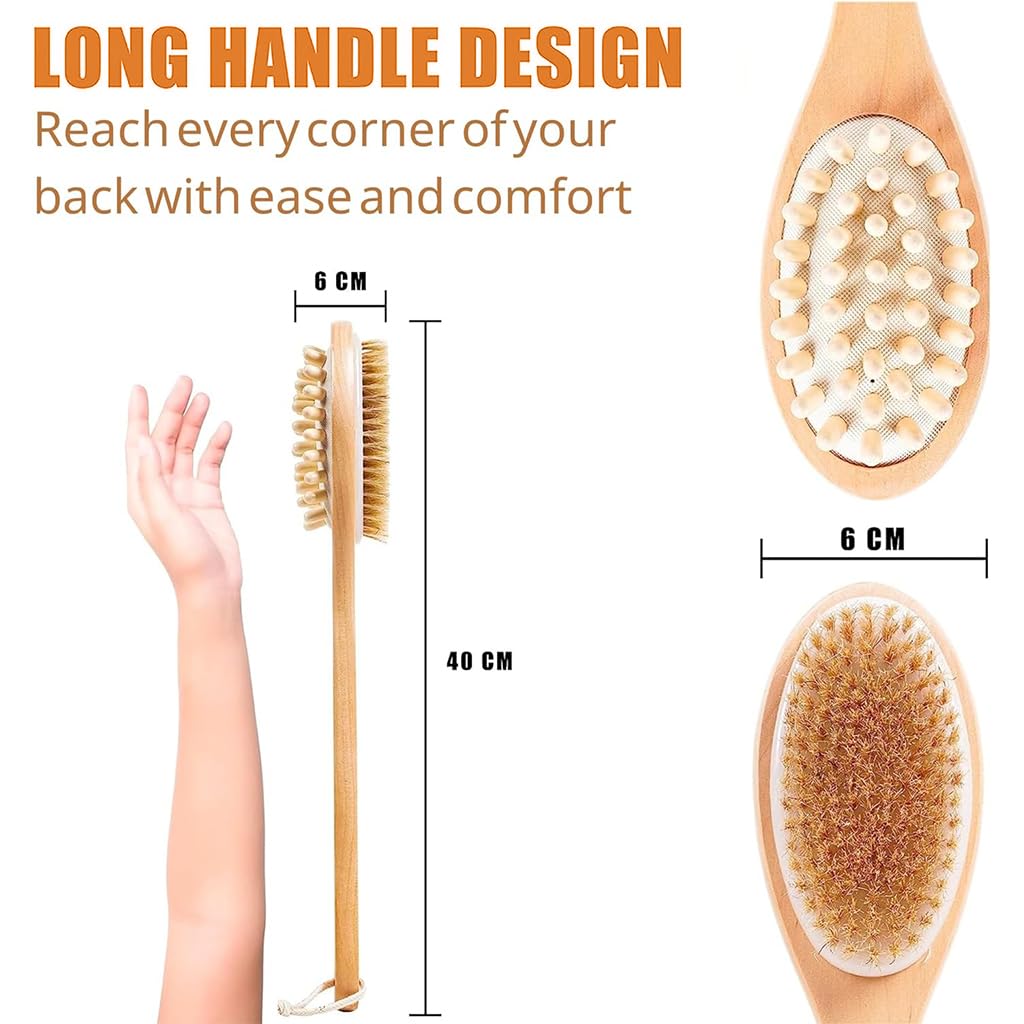 MAYCREATE Back Scrubber for Bathing with 14.5 in Wooden Handle featuring Dual-Sided Bristles | Natural Exfoliating and Massage Brush
