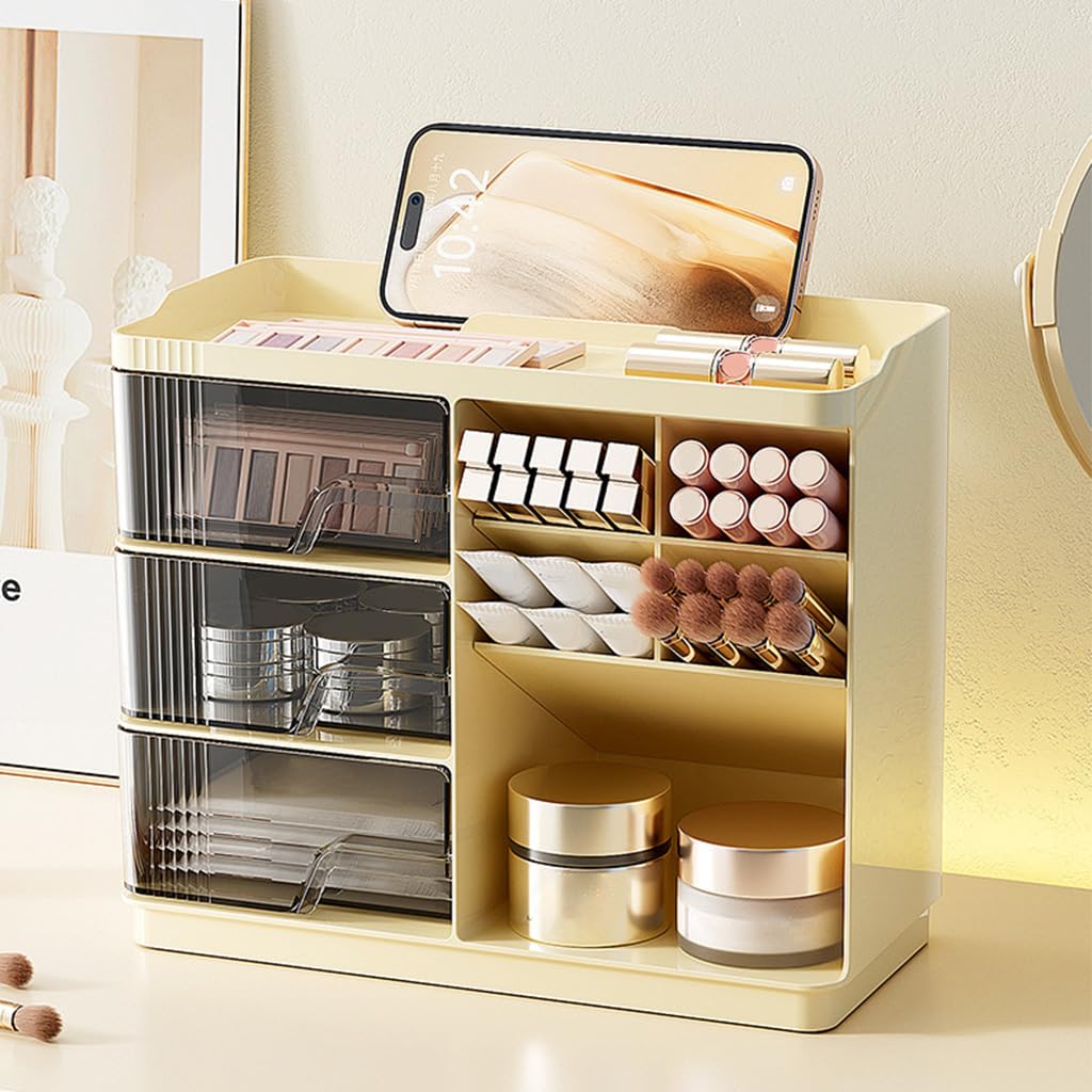 MAYCREATE Desk Organizer for Makeup and Stationery featuring Triple Drawer System | 23.2x11x19.4 cm Multi‑Compartment Storage Box