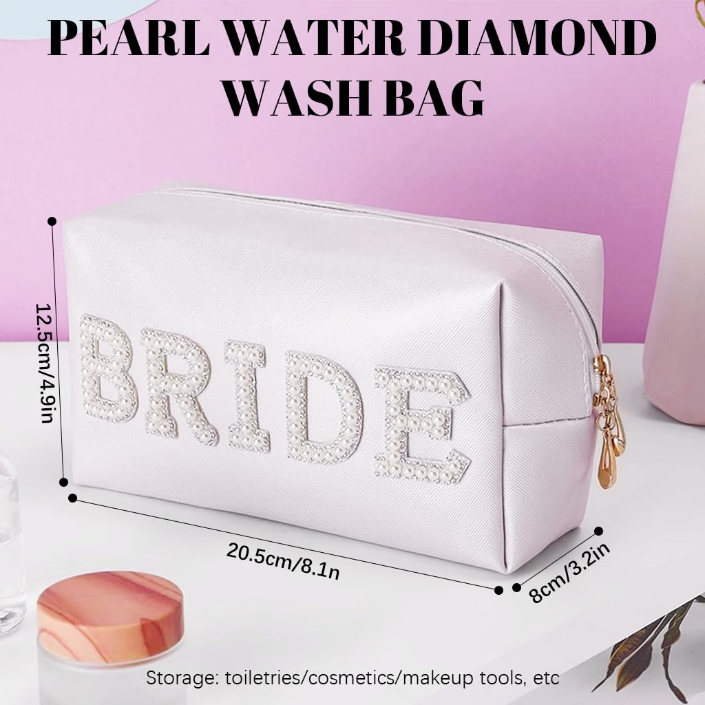 MAYCREATE Bride Makeup Pouch for Weddings featuring Pearl Rhinestones and Zipper Closure 20.5x8x12.5cm