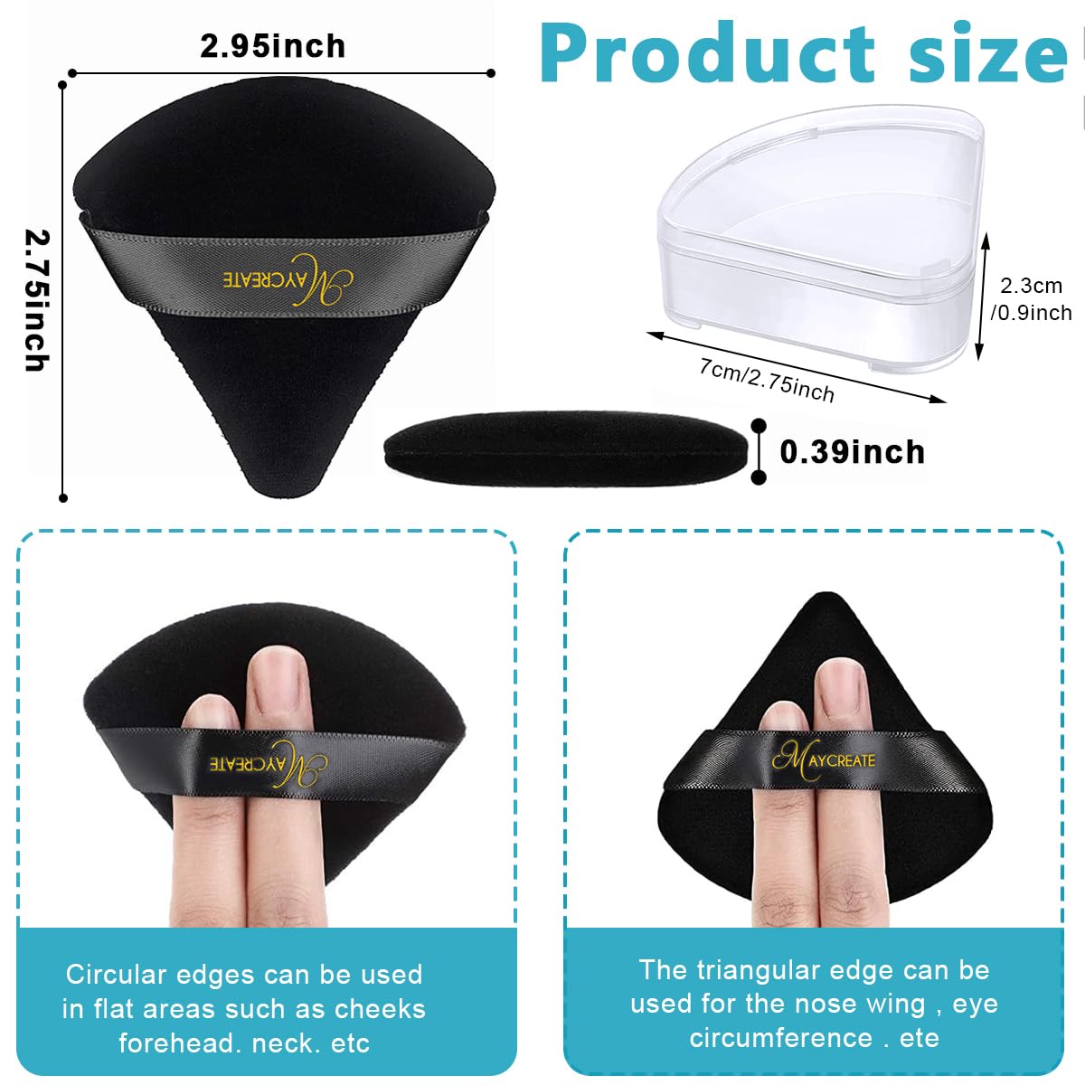 MAYCREATE® 4pcs Triangle Powder Puff Makeup Sponge Puff with Case, Soft Cosmetic Face Makeup Puff for Loose Powder - Reusable, Skin-Friendly, Wet and Dry Use (Black)