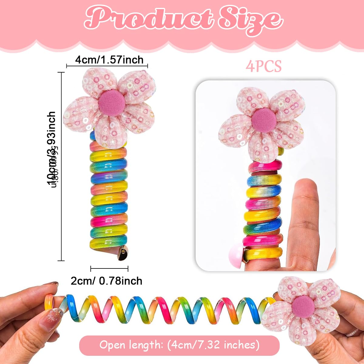 MAYCREATE® 4pcs Spiral Hair Ties for Girls Kids Cute Flower Braids Telephone Wire Hair Band for Kids Elastic Hair Tie Ponytail Holder Maker Hair Accessories for Girls Children Gift