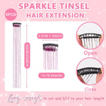 MAYCREATE Hair Tinsel Clip in Glitter Extensions 12PCS 20.5in with Secure Clips for Women and Girls | Pink Shiny Strands for Festival Party Cosplay