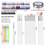 MAYCREATE® Nail Art Supplies Tool Kit with 20Pcs Nail Art Fine Detail Brushes 10-Color Striping Tapes Pack of 100Pcs Fake Nail Extensions Metallic Foils Glitters Dotting Tools DIY Nail Art Supplies