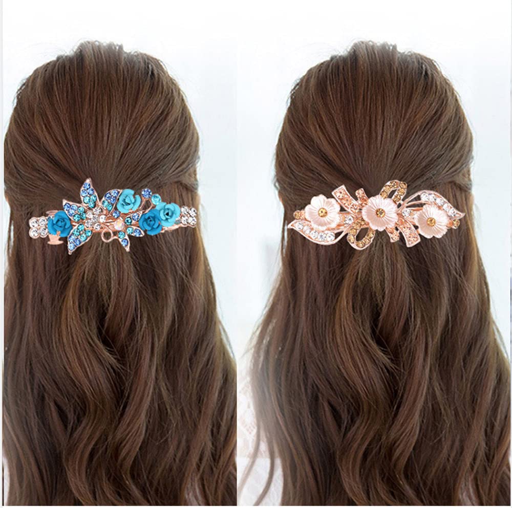 MAYCREATE Hair Clips for Women with Rhinestone Flower Design 3 Pcs 6.5×2.5 cm | Alloy Barrettes for Girls
