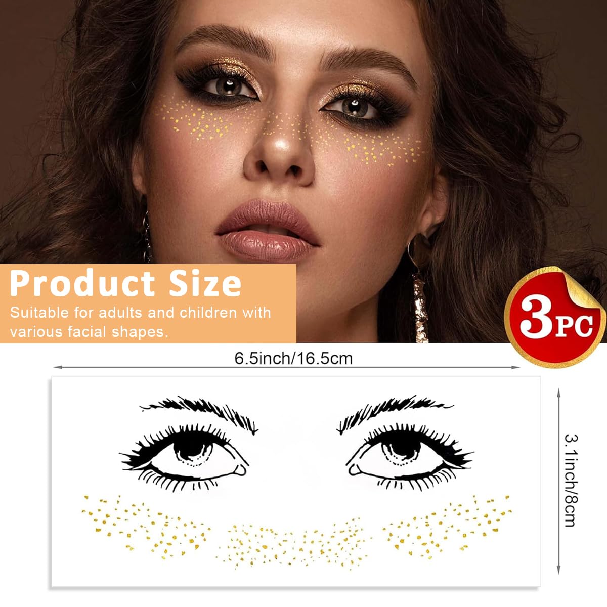 MAYCREATE® 3 Sheets Face Tattoo Stickers Metallic Golden Freckles Tattoo Stickers Creative Golden Freckles Tattoo Stickers Face Art Stickers