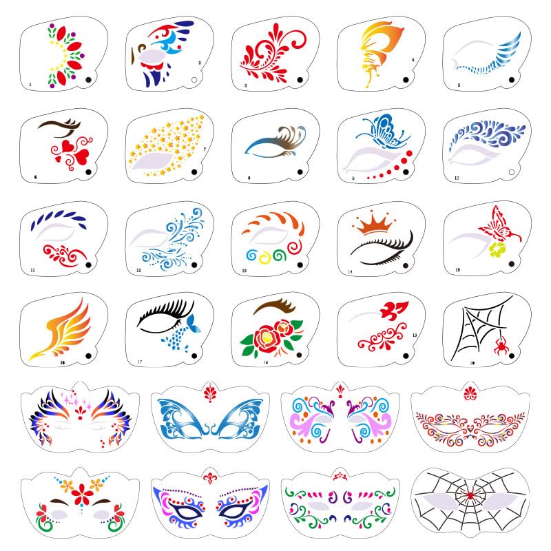 MAYCREATE Face Paint Stencils Kit for Halloween and Party Makeup featuring 28 Designs | Reusable PET for Kids and Adults