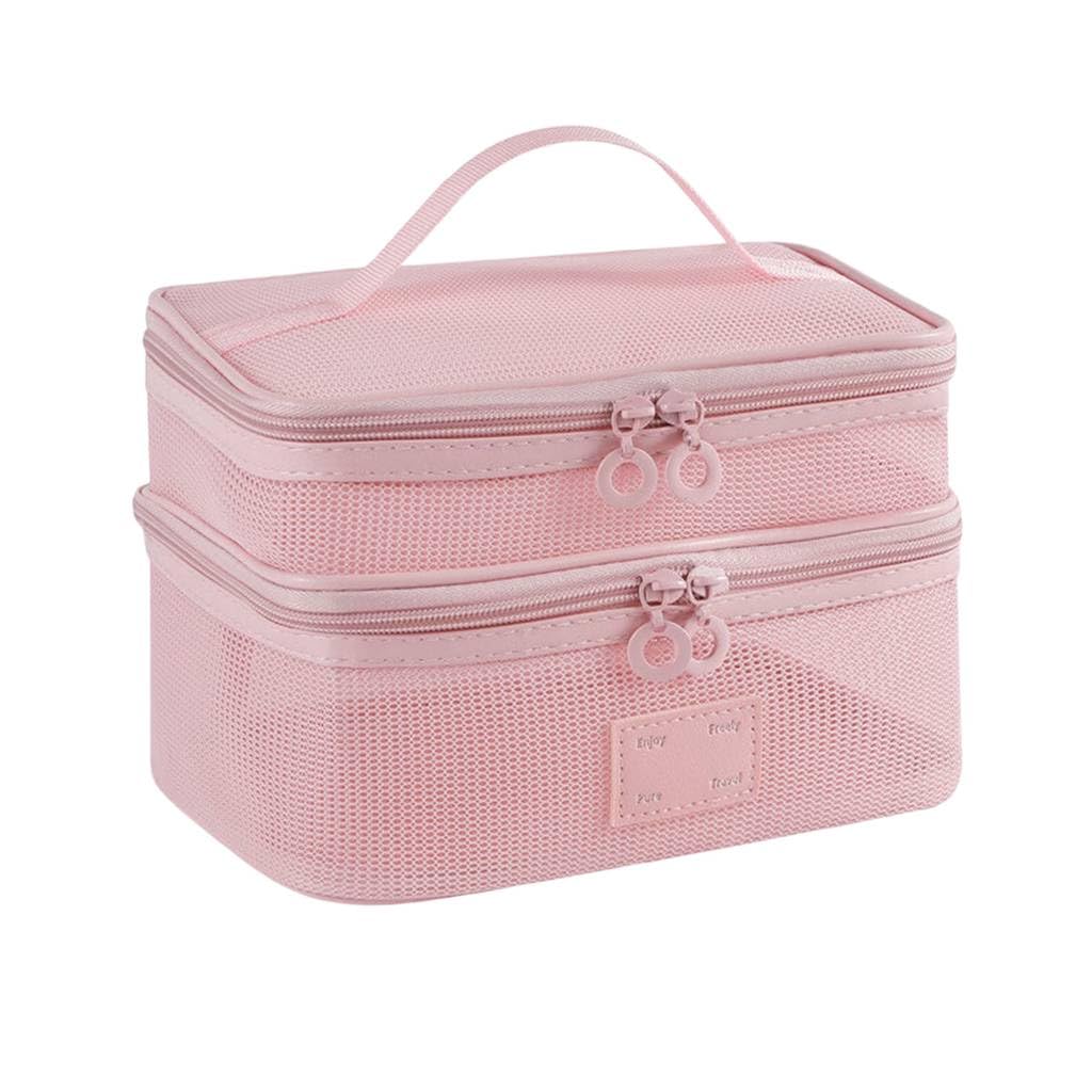MAYCREATE Makeup Pouch Bag for Travel with Double Layer Organizer Design and Pink Nylon Mesh