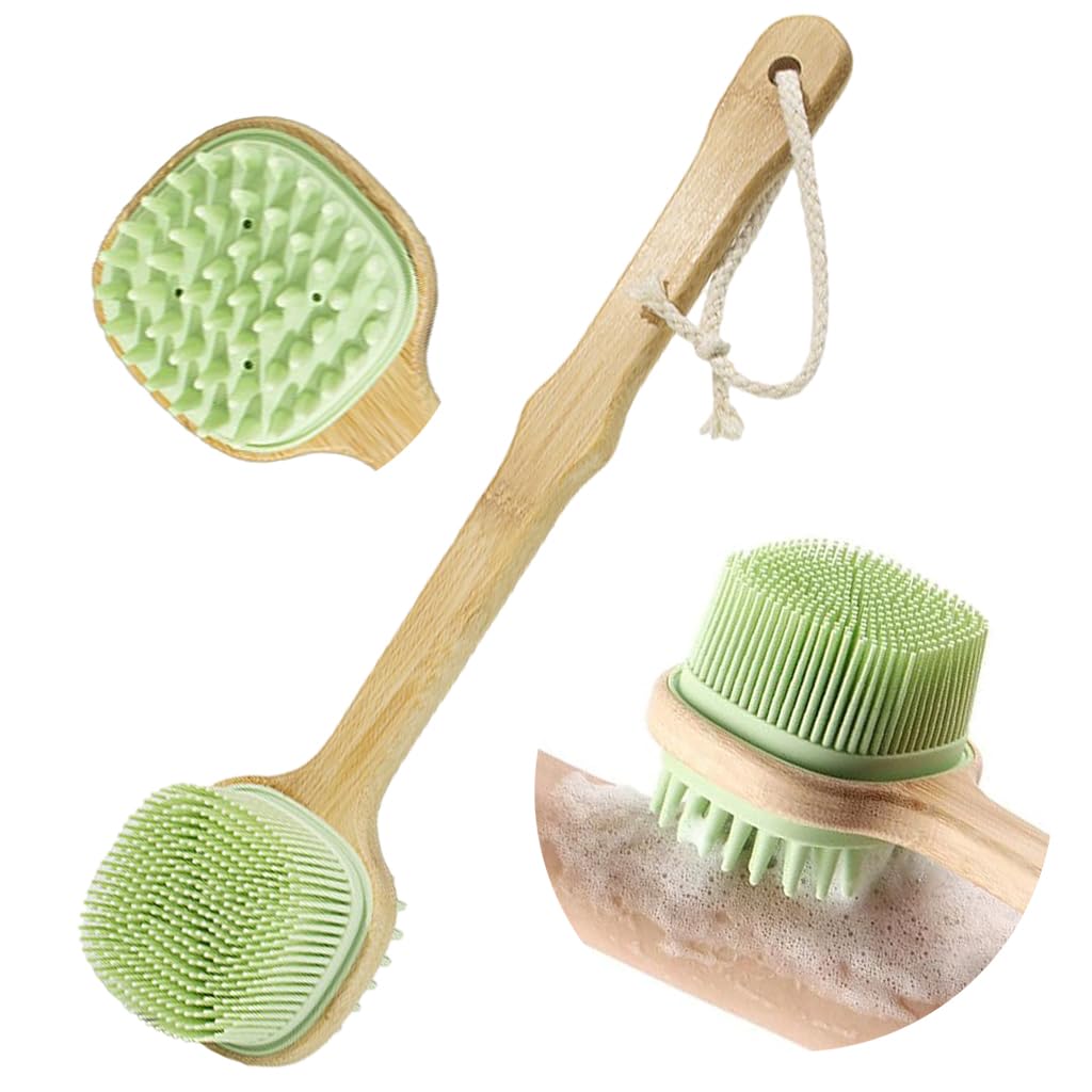 MAYCREATE Silicone Back Scrubber for Shower with Dual Sided Bristles and Wooden Handle | Green