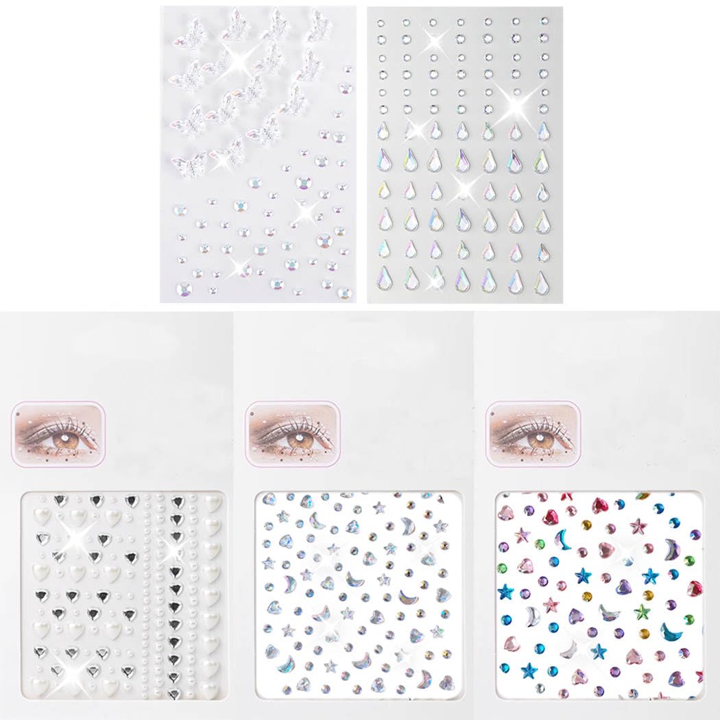 MAYCREATE Face Gems Stickers for Festivals with Self Adhesive Design | 5 Sheets for Kids and Women