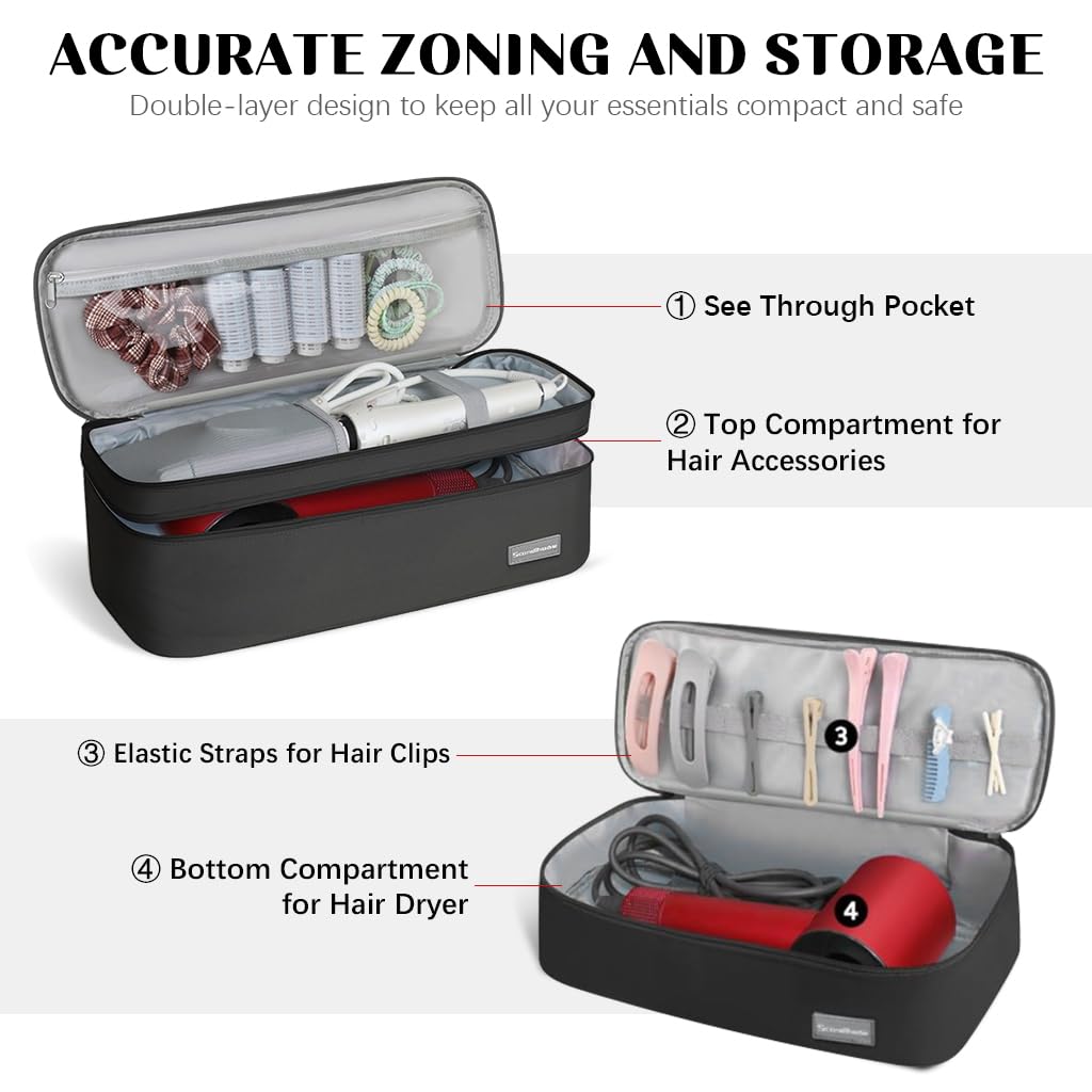 MAYCREATE Travel Carrying Case for Dyson Airwrap with Double Layer Design and 40x14x15cm Size | Black Polyester Storage Bag