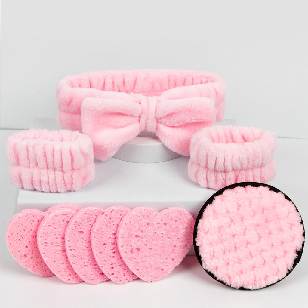 MAYCREATE® 9Pcs Face Wash Kit Face Wash Sponge Pads Pluffy Makeup Remover Pad Pink Bow Face Wash Headband Soft Microfiber Wristband Facial Cleaning Set Facial Supplies