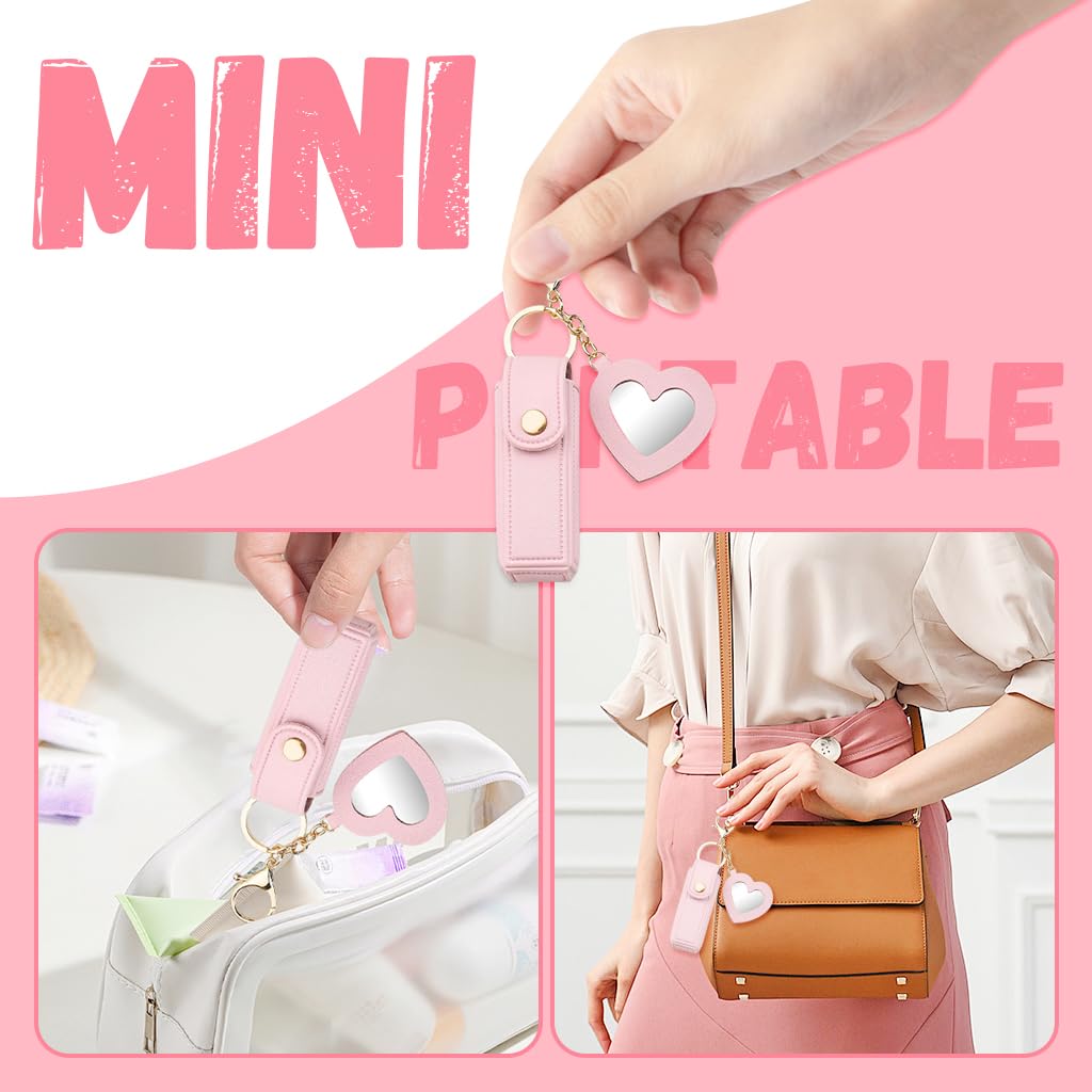 MAYCREATE Lipstick Holder Keychain for Travel with Heart Shape Mirror and Pink PU Case | Gift for Women
