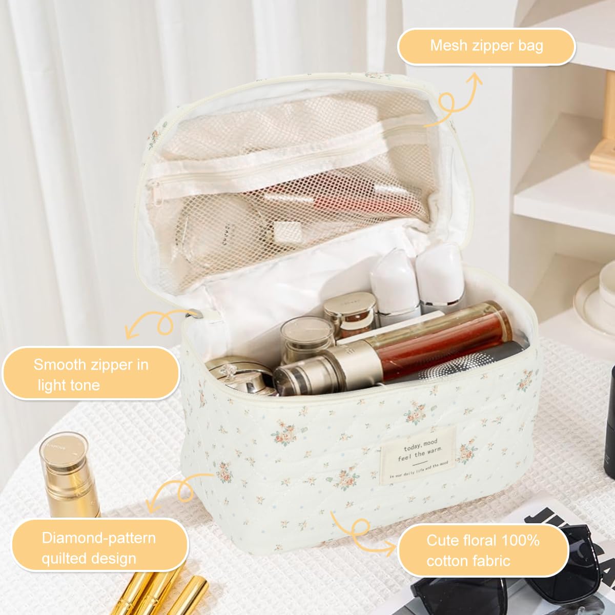 MAYCREATE Makeup Bag for Travel and Everyday Use with 25x15x16cm Capacity | Soft Cotton Floral Organizer