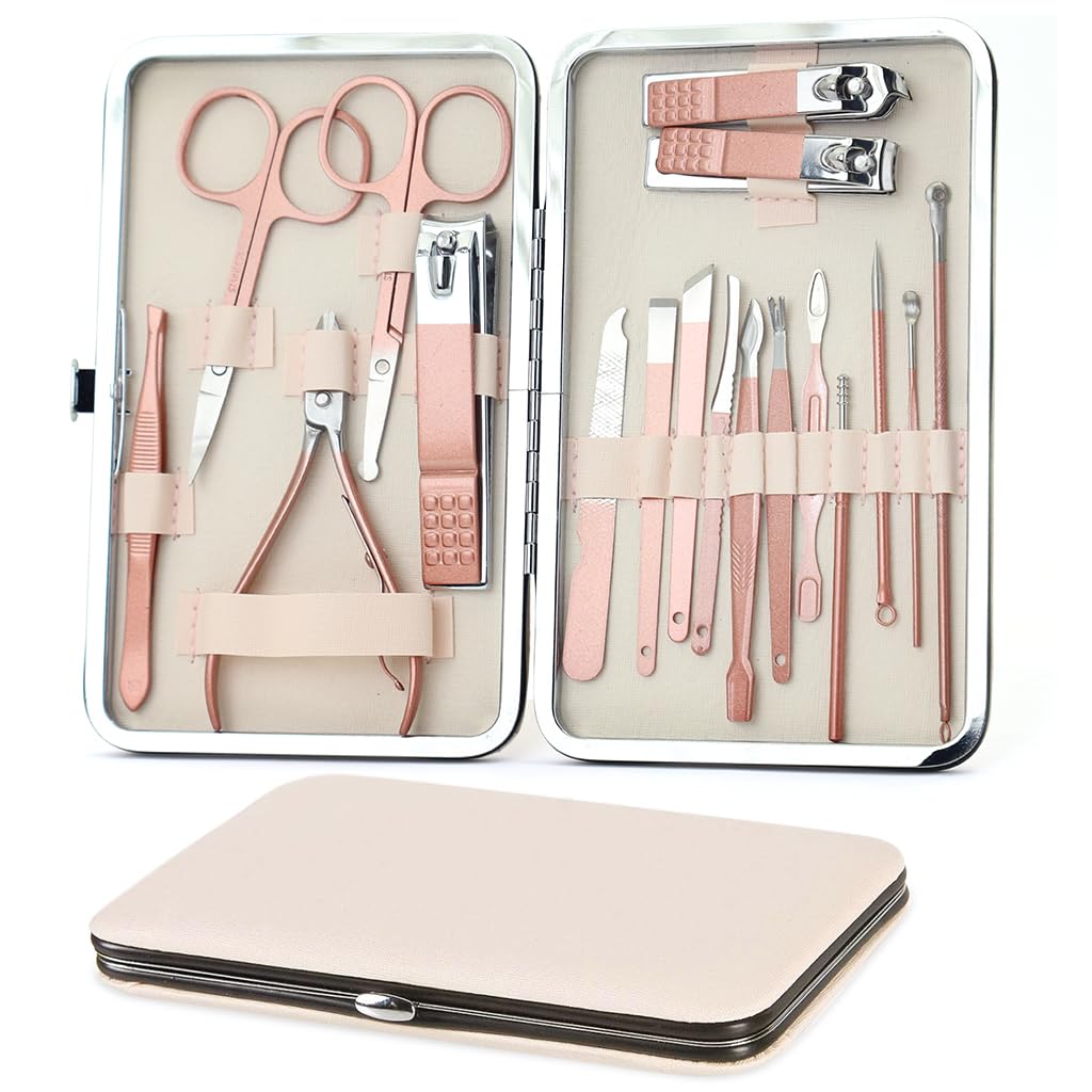 MAYCREATE Pedicure Kit for Women with 18 in1 Stainless Steel Tools and Leather Travel Case | Pink Manicure Set