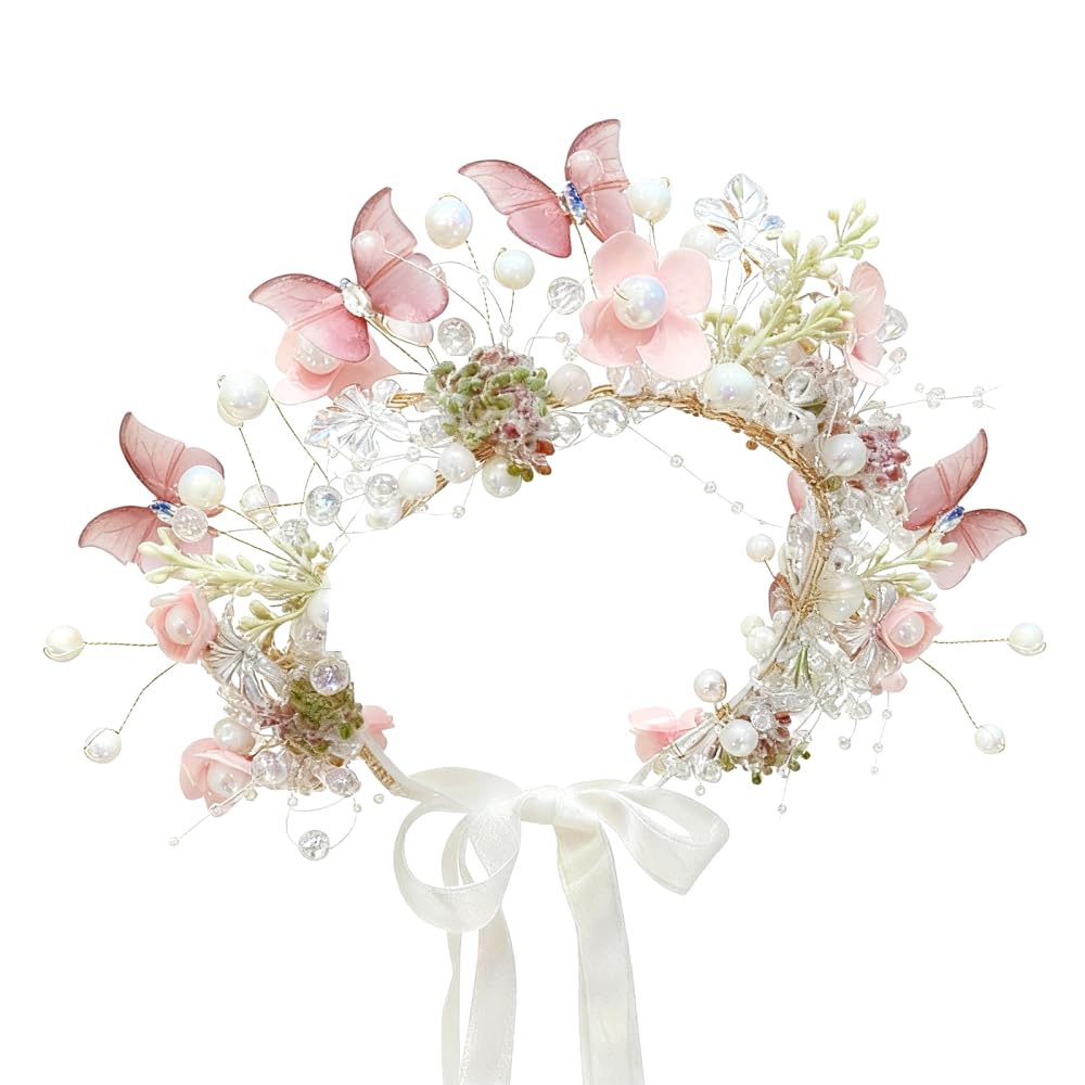 MAYCREATE® Tiara for Girls Pink Butterfly Flower Hair Crown Pearl Crystal Floral Hair Tiara with Satin Ribbon Tie Fairy Boho Wedding Headpiece for Women, Girls, Bridesmaids & First Communion