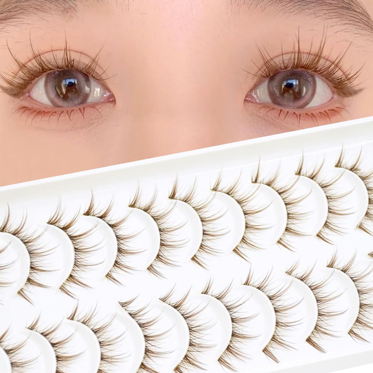 MAYCREATE® 10 Pairs Brown Lashes Natural Light Brown False Eyelashes Clear Band Faux 3D Mink False Eyelashes Natural Looking Fluffy Cat Eye Wispy Strip Lashes