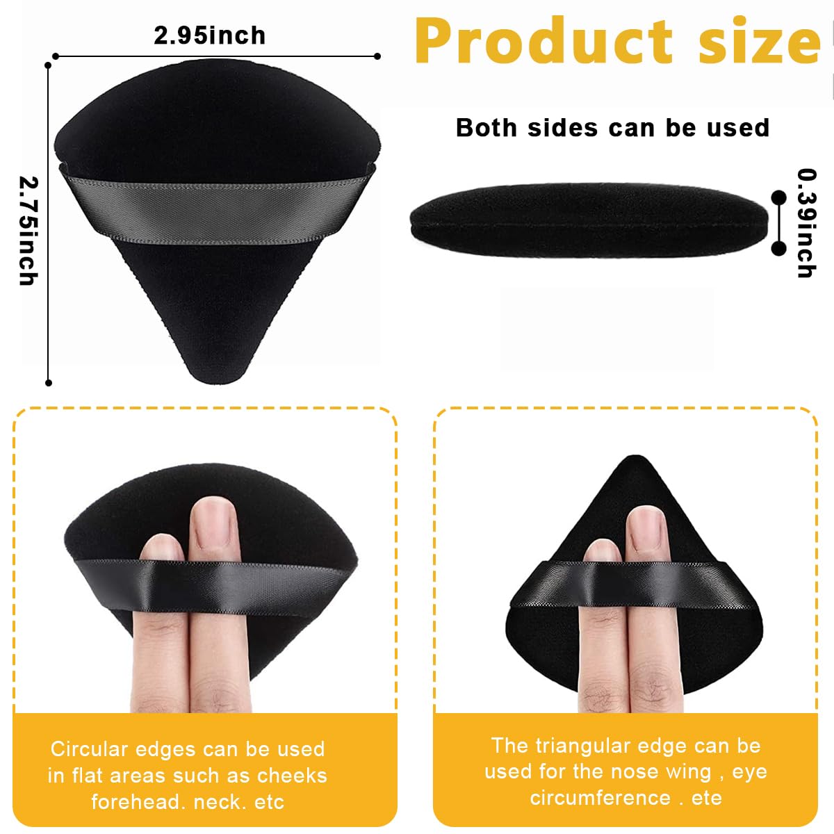 MAYCREATE Triangle Powder Puff for Face Makeup with Round and Pointed Edges 4pcs Black | Wet and Dry Use