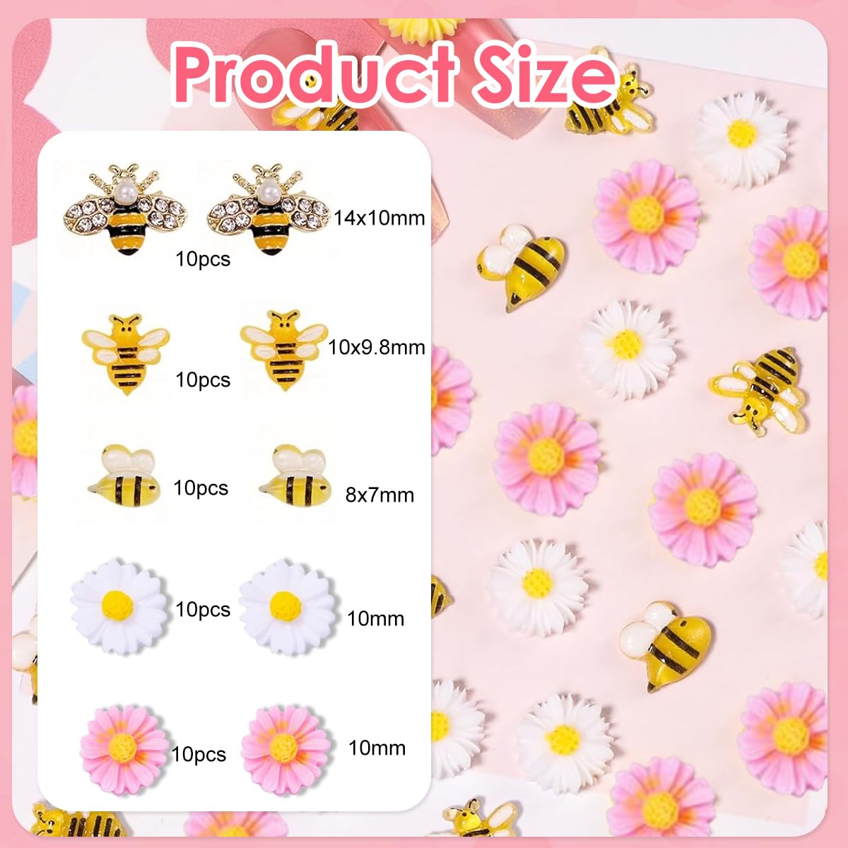MAYCREATE Nail Art Charms for DIY Decoration featuring 50PCS 3D Gold Alloy Bees & Flowers