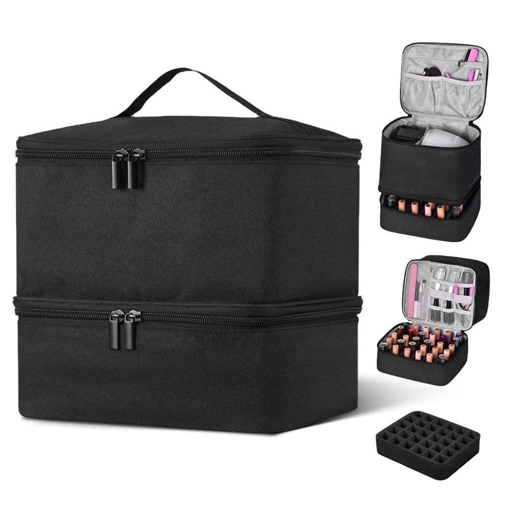 MAYCREATE® Nail Polish Organizer Box, Travel Nail Polish Organizer Makeup Bag with Handle, Double-layer Nail Art Tools Bag for 30 Bottle of Nail Polish, Portable Large Capacity Carrying Case