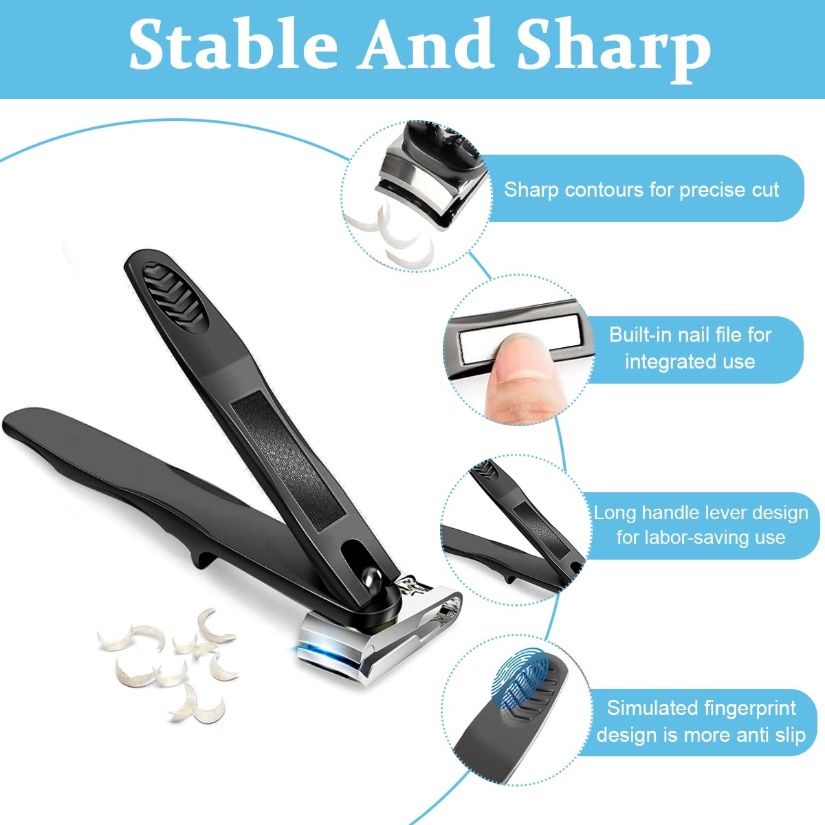 MAYCREATE Nail Clipper with 360° Rotatable Head and Long Handle Stainless Steel Cutter | Built in Nail File and PU Sleeve