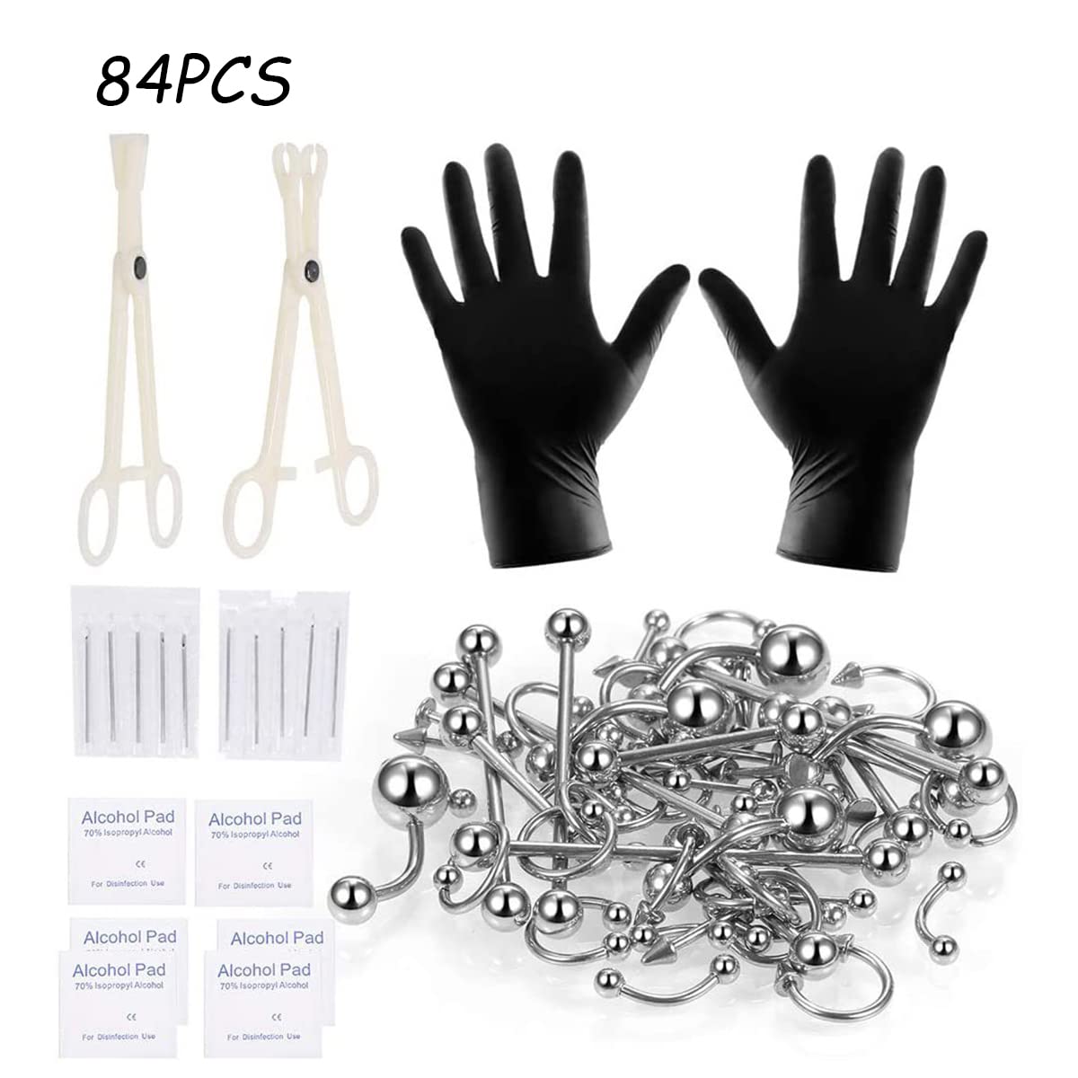 MAYCREATE® 84pcs Body Septum Piercing Kit Belly Piercing Kit Professional Stainless Steel for All Piercings Nose Tongue Lip Ear Eyebrow Cartilage Piercing Jewelry Piercing Needles Clamps Kits