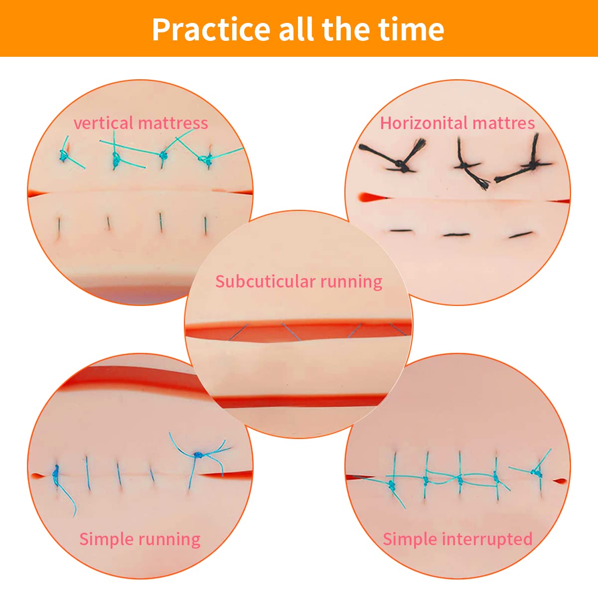MAYCREATE Skin Pad for Stitching Practice with 14 Pre Cut Wounds 17×12×1.2cm Silicone | for Medical Students and Nurses