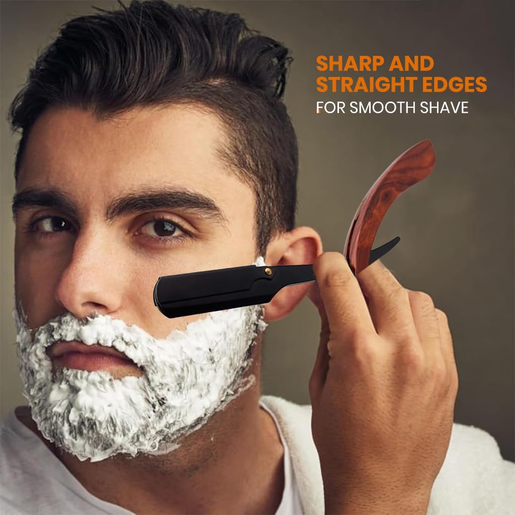 MAYCREATE Barber Straight Razor for Men with Folding Wooden Handle and Stainless Steel Blade | Precision Shaving and Beard Shaping Tool
