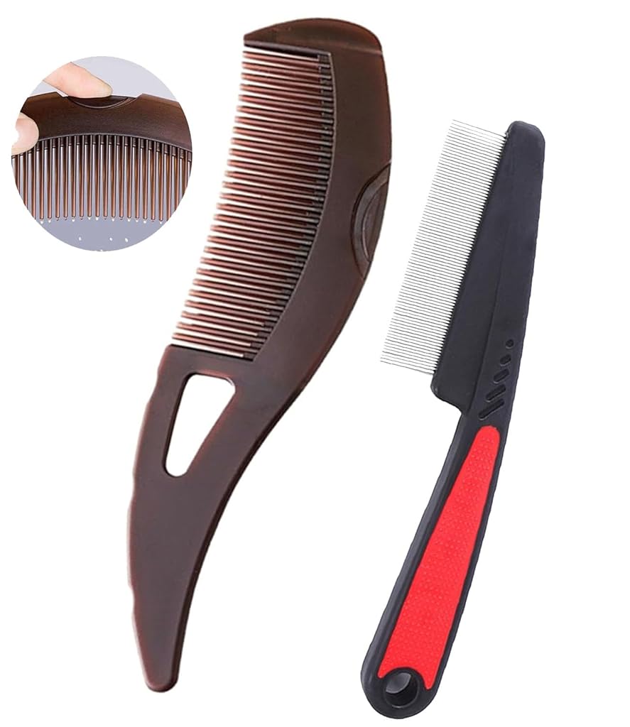 MAYCREATE® Hair Combs Set Dandruff Removal Comb & Stainless Steel Fine Tooth Comb for Scalp Massage & Removing Lice Self-cleaning Dandruff Comb Scalp Cleaning Comb, Pack of 2Pcs