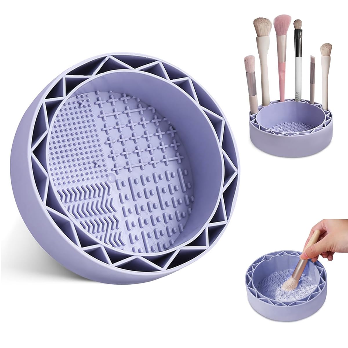 MAYCREATE Makeup Brush Cleaner for Deep Cleansing with 5.1 in Textured Bowl and Drying Rack | Purple Silicone
