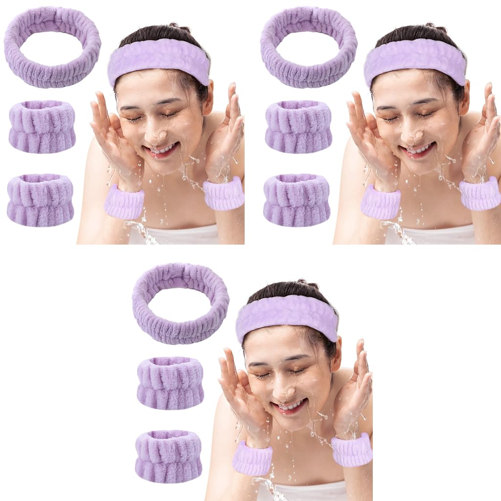 MAYCREATE Spa Headband and Wristband Set for Face Washing with Elastic Microfiber | 9PCS Purple