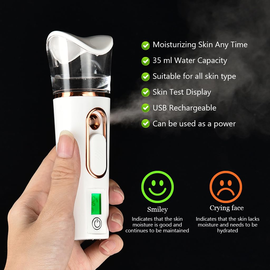 MAYCREATE® 1200mAh Face Mist Sprayer Handy Nano Face Mist Spray Machine USB Cool Mister Facial Steamer with Skin Moisture Tester for Face Moisturizing, Hydration Refreshing (Long Endurance)