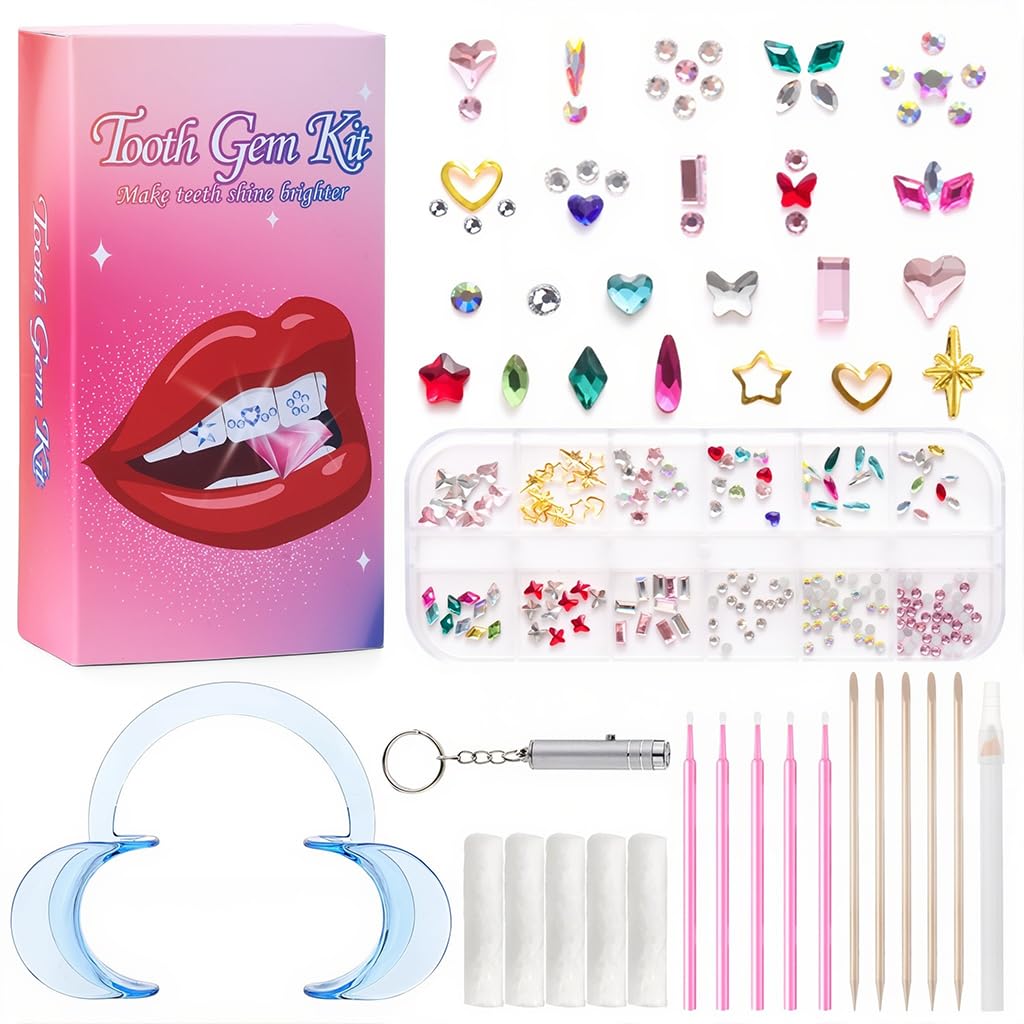 MAYCREATE Glittering Tooth Gem Kit with Mouth Retractor and 12 Grid Assorted Colors | No Glue Included