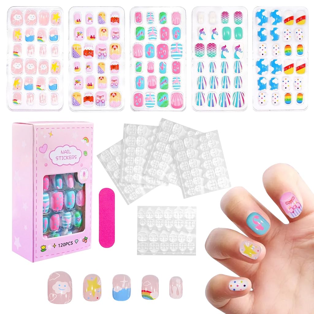MAYCREATE Press on Nails for Kids with 120 pcs Cartoon Designs & Sticky Tabs | Fun DIY Gift