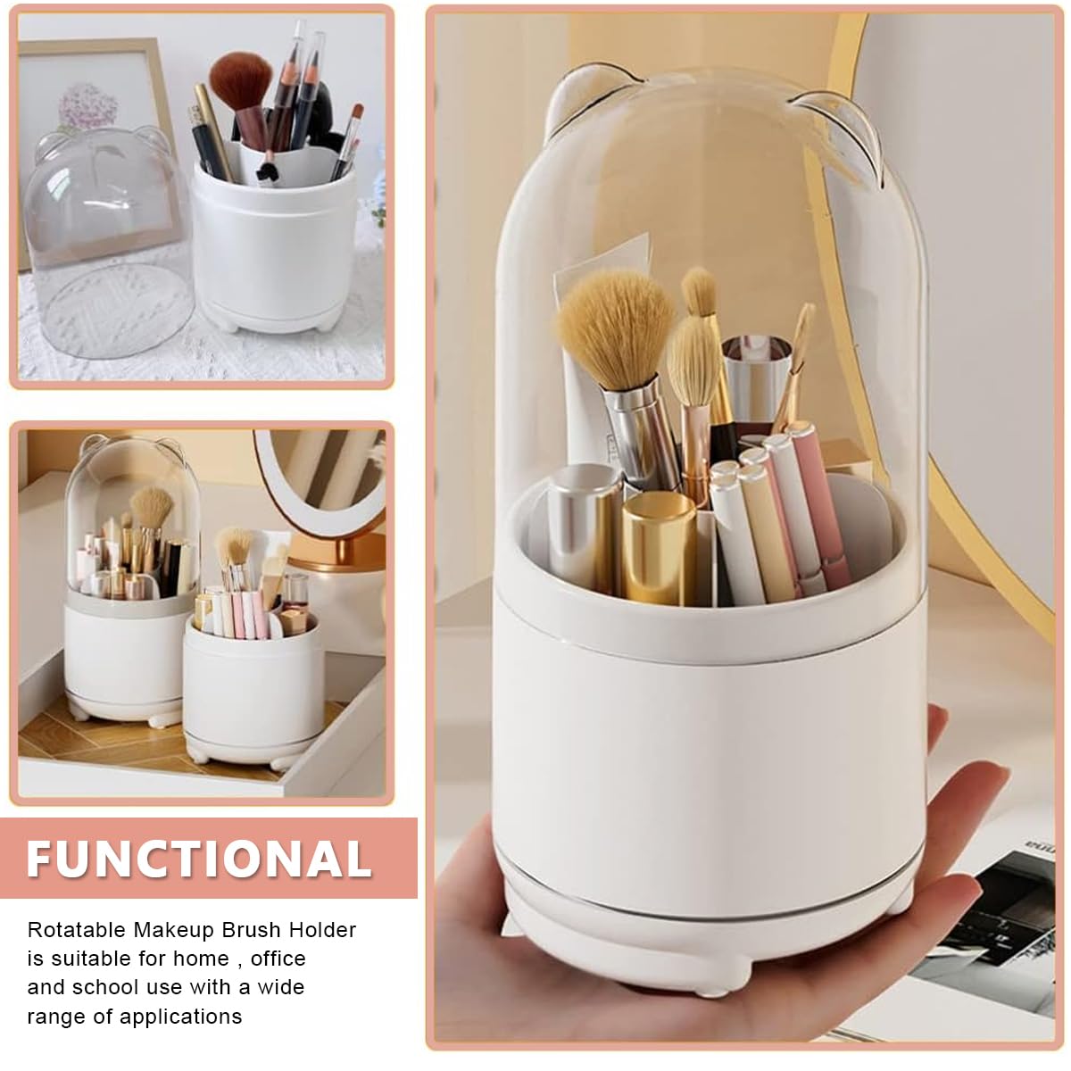 MAYCREATE Makeup Brush Holder Organizer for Vanity with 360° Rotating 5 Slots and Clear Lid