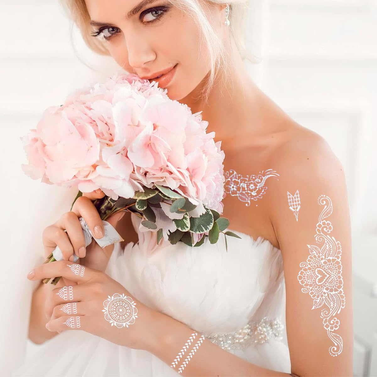 MAYCREATE White Hand Tattoo Stickers for Weddings and Festivals featuring 10 Sheets | Waterproof Temporary Henna for Women and Girls