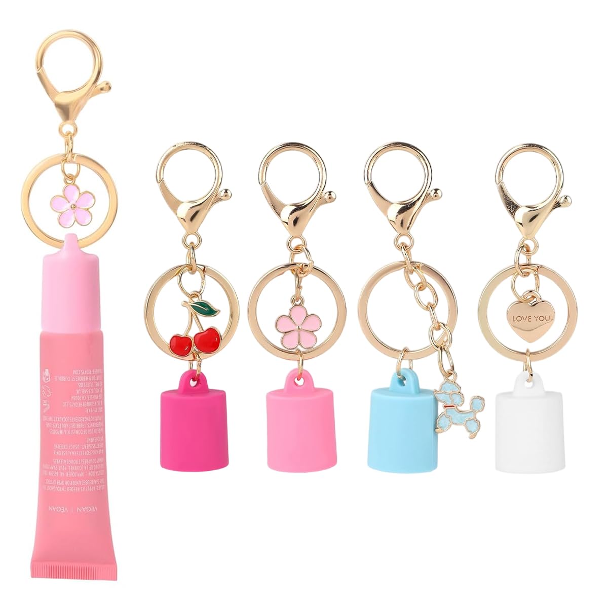 MAYCREATE® 4Pcs Keychain Cap for Lipgloss Mini Hand Sanitizer Holder Keychain with Lobster Clasp & Decorative Sweet Pendant, Portable Bag Charm for Women, Girls & Kids