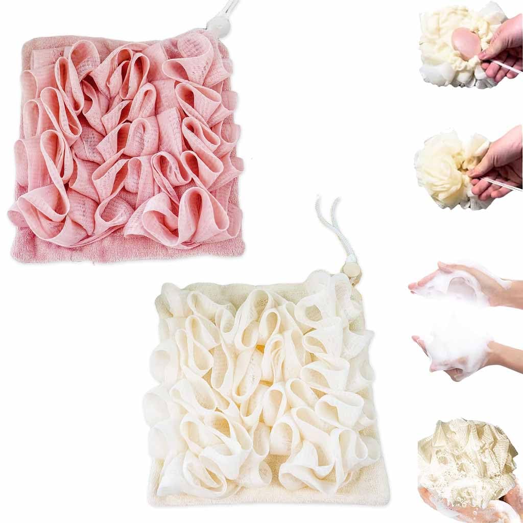 MAYCREATE Loofah Cloth for Bar Soap 2pcs 6.7×6.7 in with Double Sided Drawstring Design | Quick Dry PE and Towel Fabric