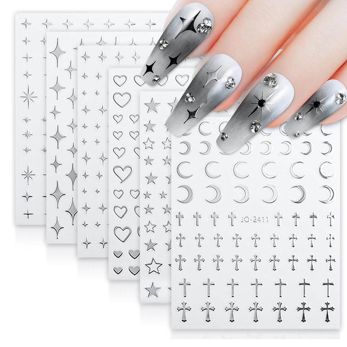 MAYCREATE Nail Decal Stickers for DIY Manicure with 6 Sheets Silver Star Heart Designs | Self Adhesive