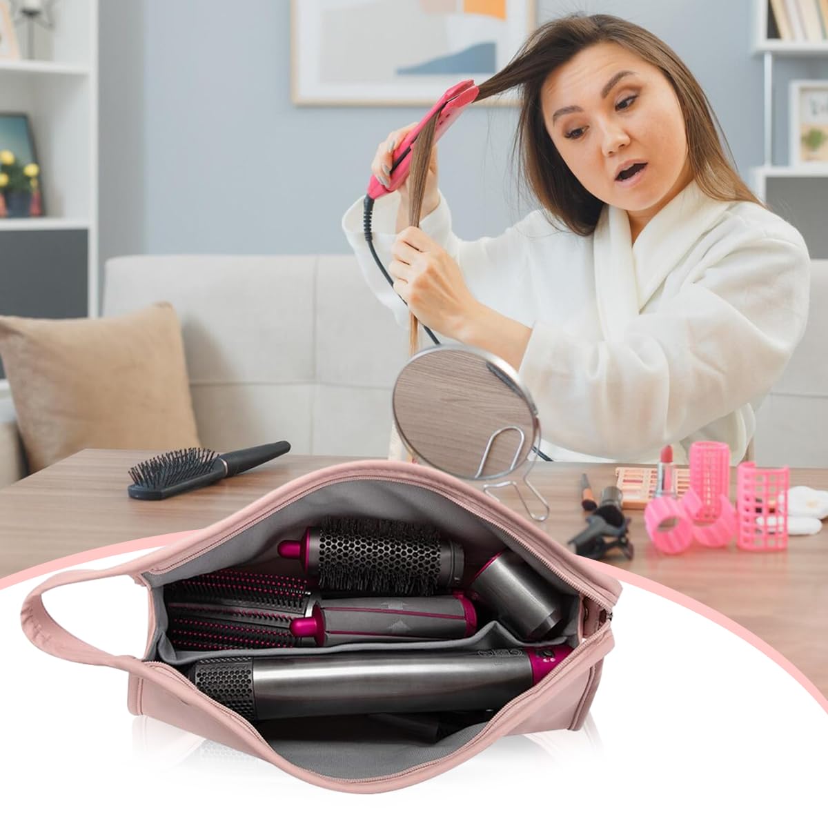 MAYCREATE PU Leather Travel Case for Airwrap Styler featuring 2 Compartments and 39.5×22 cm Size | Waterproof Pink Storage Bag