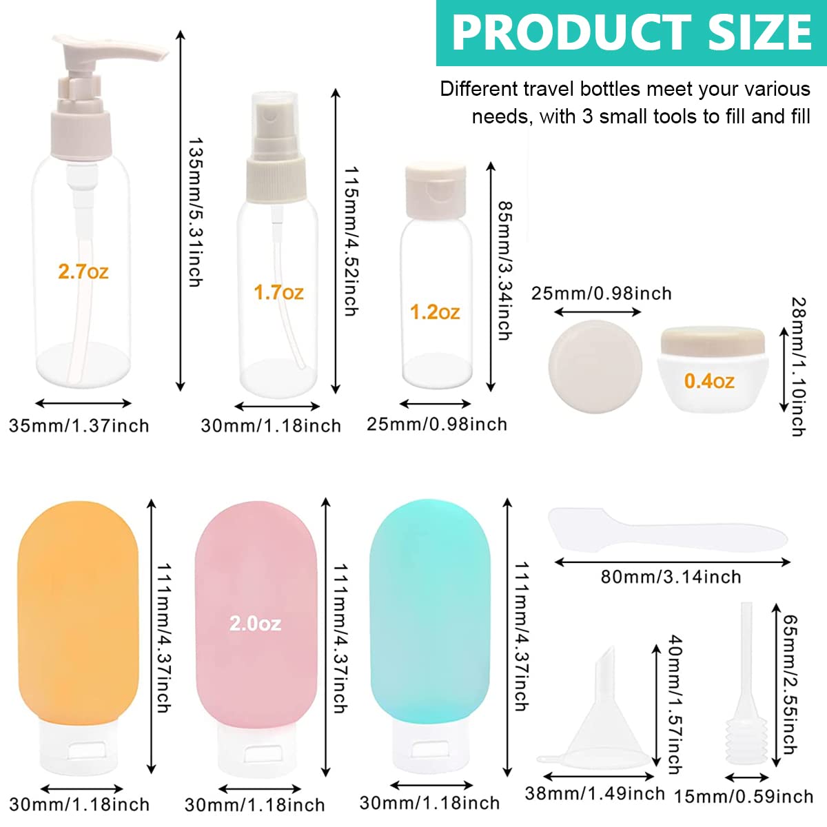 MAYCREATE® 11pcs Travel Bottles for Toiletries Kit, Empty Leakproof Travel Containers Squeeze Bottle for Travelling, Toiletry Bottle Spray Bottles Cream Jars Dispenser Set for Shampoo, Lotion, etc