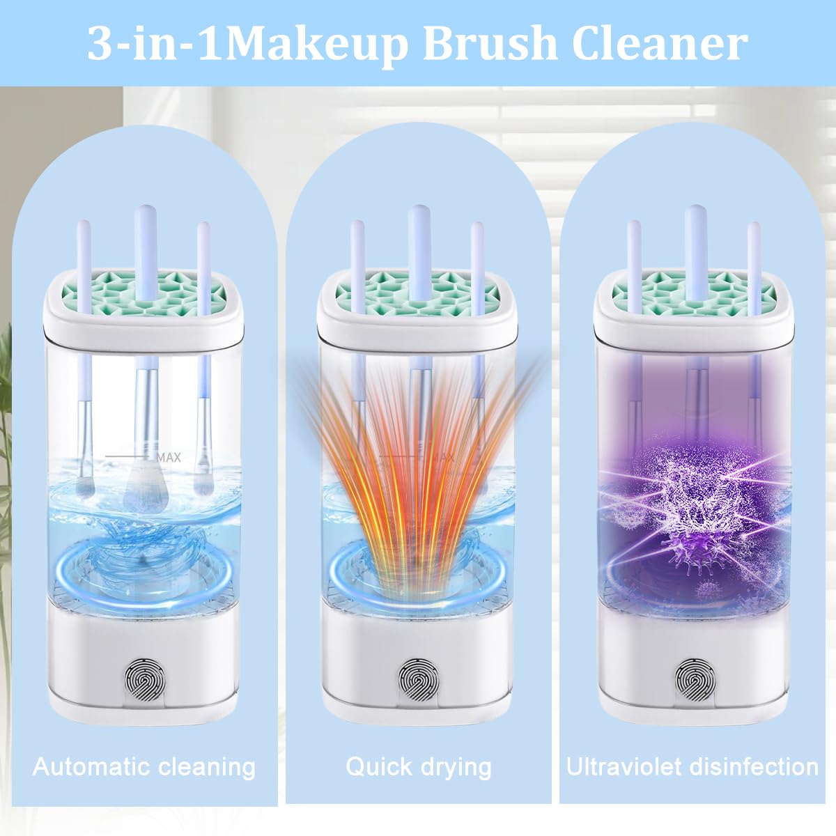MAYCREATE Makeup Brush Cleaner for Hygienic Beauty Routines with UV Disinfection and USB C Control | Compact 3 in 1 Cleaner and Dryer