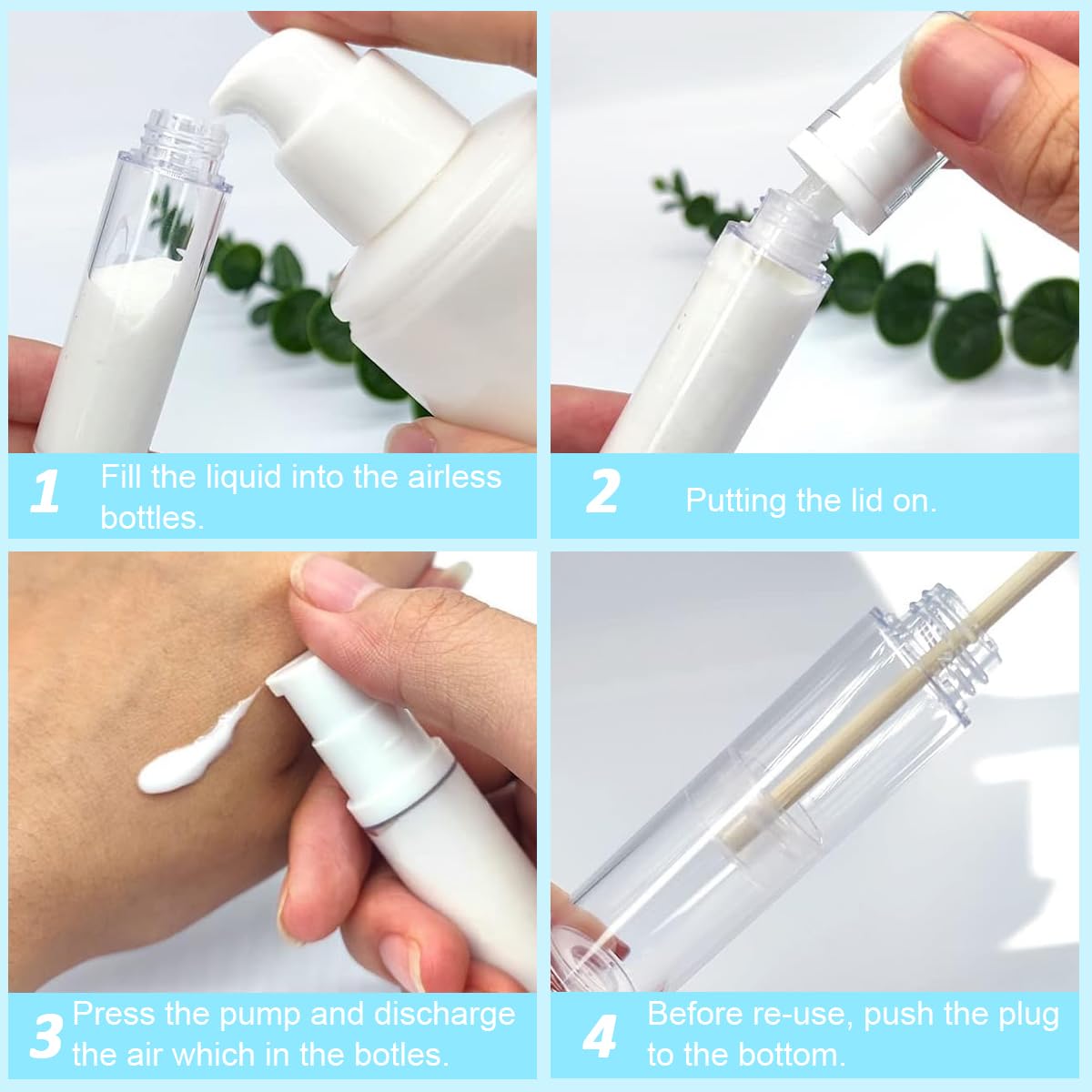 MAYCREATE Travel Bottles for Toiletries with Leak Proof Airless Pump | 4Pcs 10ml Refillable Set