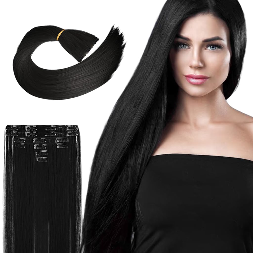 MAYCREATE 7Pcs Hair Extensions for WomenClip Type Black Straight Hair Extension Clips for Women Invisible Natural 22'' Long Seamless Hair Extensions Double Weft