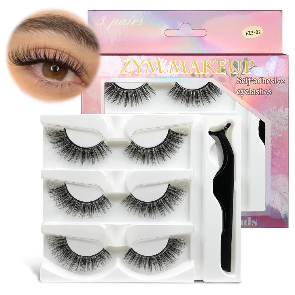 MAYCREATE 3 Pairs Self Adhesive Eyelashes No Glue Needed False Lashes Natural Look Lash Extensions Reuseable Self Adhesive Lashes Waterproof Wispy Fluffy Lashes with Tweezer