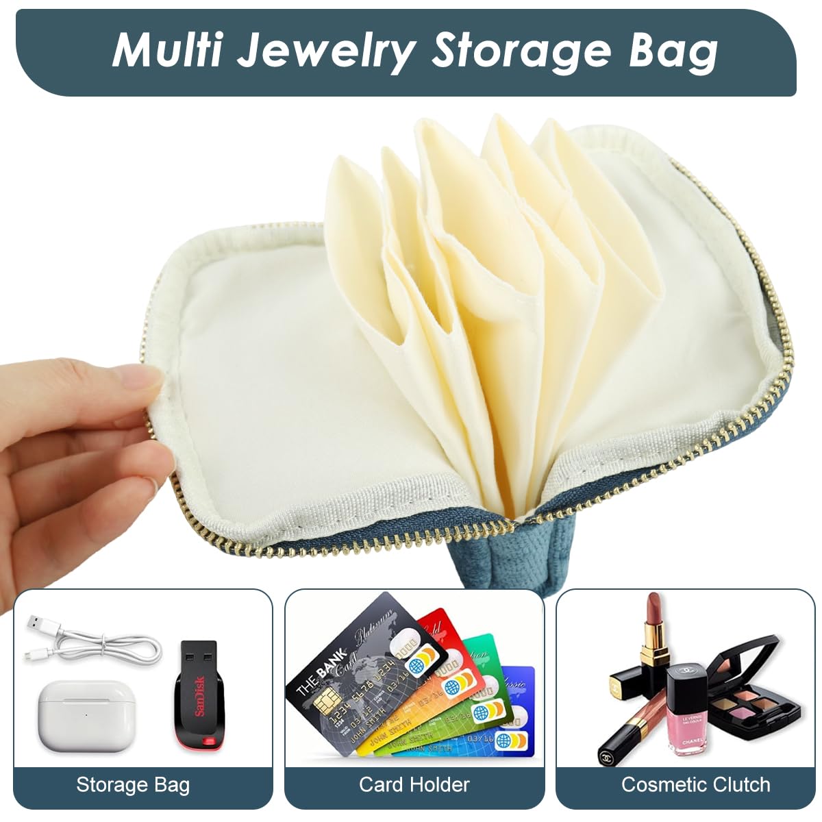 MAYCREATE Jewelry Storage Pouch for Rings Earrings and Necklaces 13x11.5cm with Tassel Zipper | Soft Blue Organizer for Travel