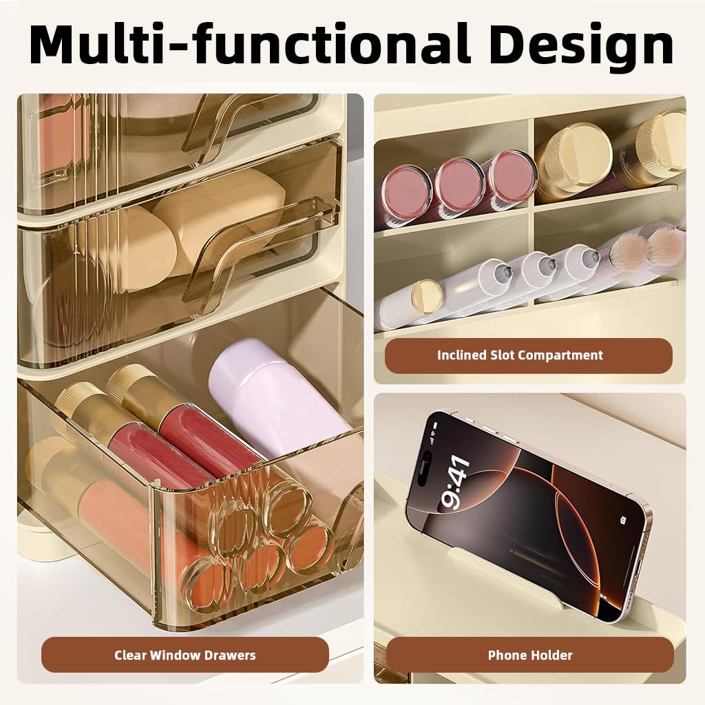 MAYCREATE Desk Organizer for Makeup and Stationery featuring Triple Drawer System | 23.2x11x19.4 cm Multi‑Compartment Storage Box