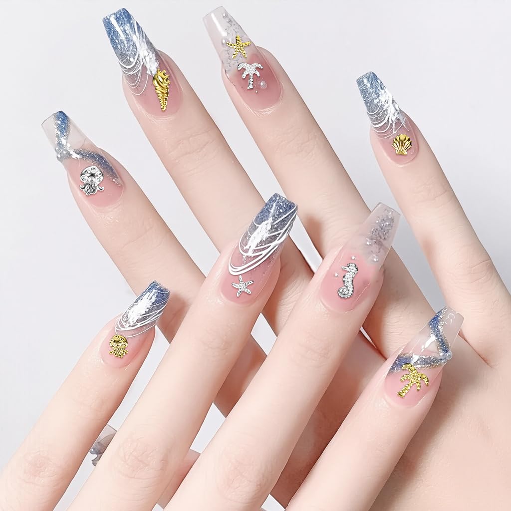 MAYCREATE Beach Nail Art Charms for DIY Manicure with 3D Metal Ocean Designs | Dual Tone Boho Style